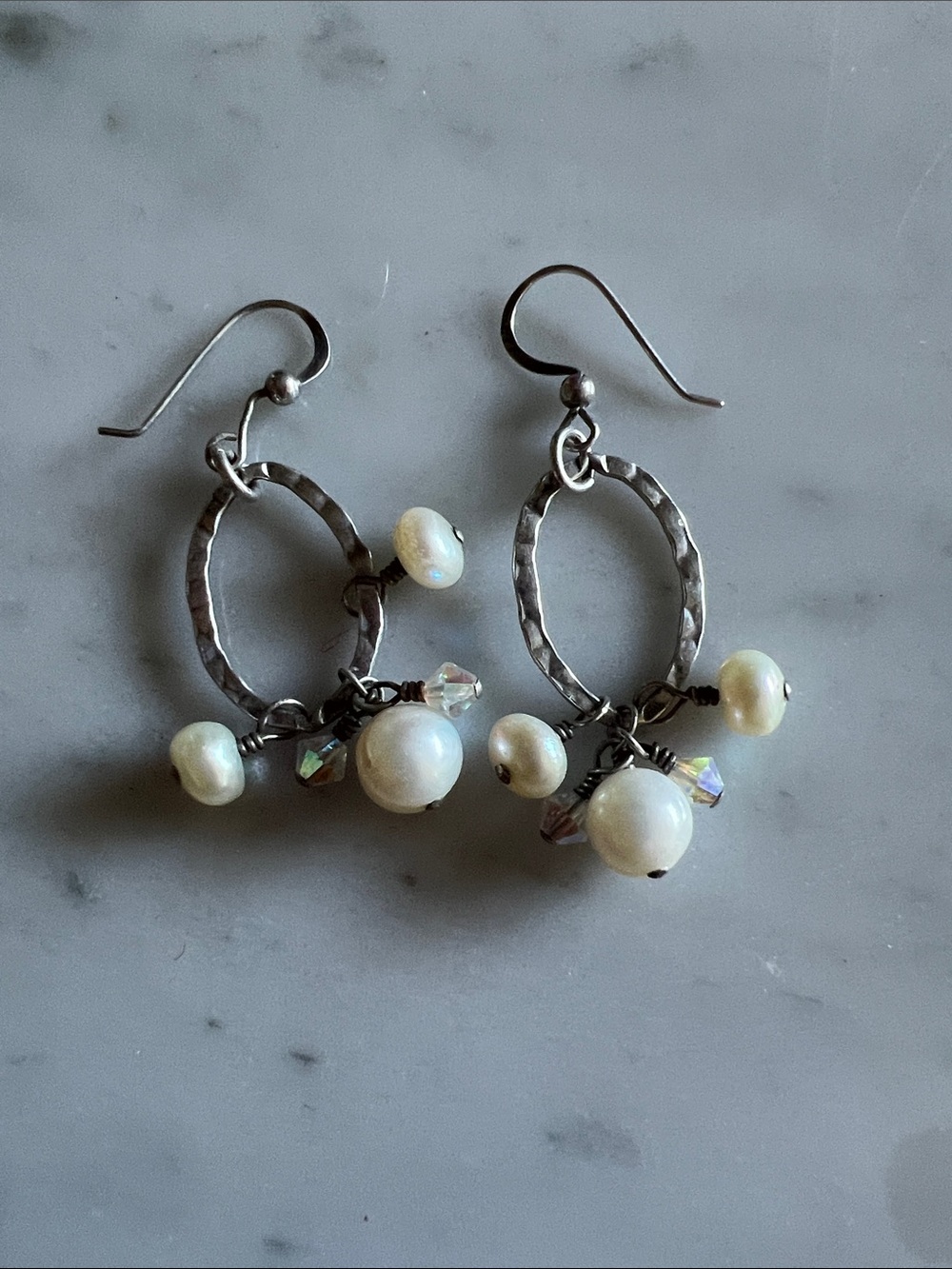 Silver Hoop Pearl Drop Earrings - White Pearls